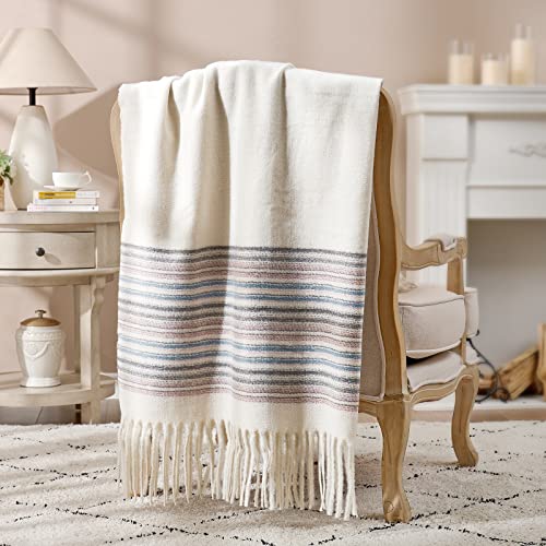 Cozy Bliss Soft Cashmere Like Throw Blanket Lightweight Warm Blanket with Tassels for Couch Sofa Bedroom Travel (Ivory)