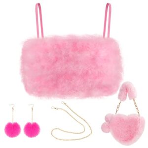 3 Pcs Faux Fur Tank Top Fluffy Heart Handbag Fur Pom Pom Drop Earring Set Furry Purse Pink Crop Tops Gold Chainlink Dangling Earring for Women Girl