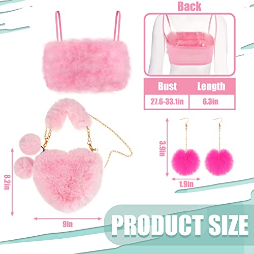 3 Pcs Faux Fur Tank Top Fluffy Heart Handbag Fur Pom Pom Drop Earring Set Furry Purse Pink Crop Tops Gold Chainlink Dangling Earring for Women Girl