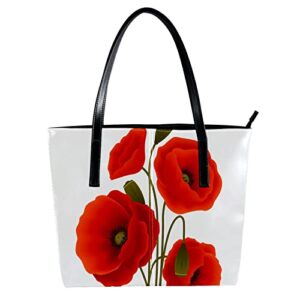 tote shoulder bag for women, large leather handbags for travel work beach outdoors red poppy flowers floral