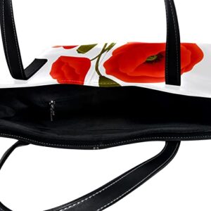 Tote Shoulder Bag for Women, Large Leather Handbags for Travel Work Beach Outdoors Red Poppy Flowers Floral