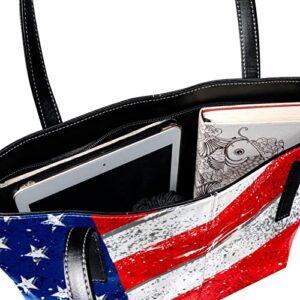 Vintage American Flag Tote Bag for Women Girls, Leather Shoulder Bag with Inside Pockets, Zip Top Handbags