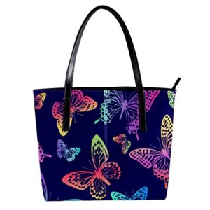 women tote shoulder bag, colorful butterflies leather work handbag with zipper for teens college students