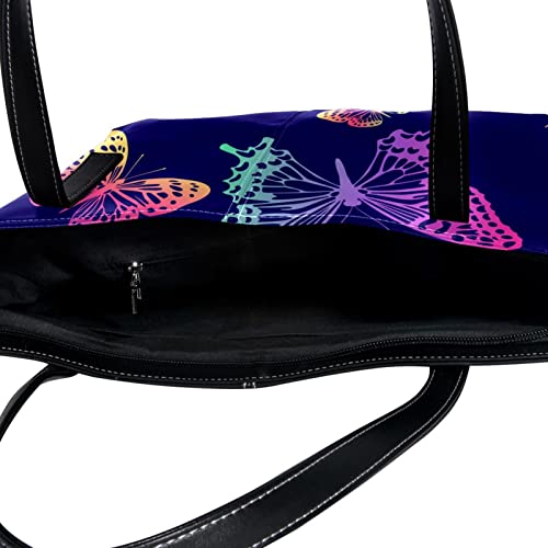 Women Tote Shoulder Bag, Colorful Butterflies Leather Work Handbag with Zipper for Teens College Students