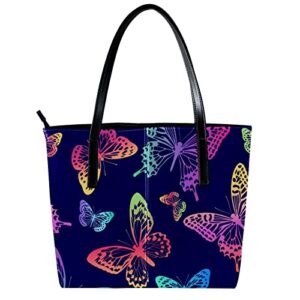 Women Tote Shoulder Bag, Colorful Butterflies Leather Work Handbag with Zipper for Teens College Students