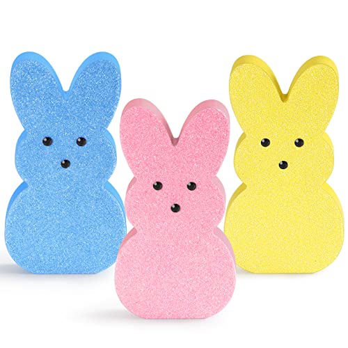 Easter Decor, 3 Pcs Glittery Easter Wooden Signs for Tiered Tray/Mantel/Table Decorations, Style of Peeps with 3D Eyes