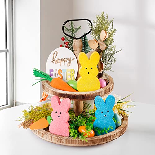 Easter Decor, 3 Pcs Glittery Easter Wooden Signs for Tiered Tray/Mantel/Table Decorations, Style of Peeps with 3D Eyes