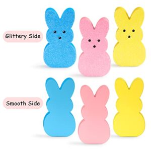 Easter Decor, 3 Pcs Glittery Easter Wooden Signs for Tiered Tray/Mantel/Table Decorations, Style of Peeps with 3D Eyes