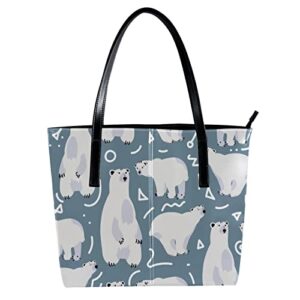 cute polar bear tote bag for women girls, leather shoulder bag with inside pockets, zip top handbags