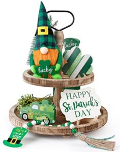 st patricks day tiered tray decor, st patricks day decorations set with gnomes plush & 3 wooden signs & wooden bead garland for the home (tray not included)