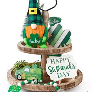 St Patricks Day Tiered Tray Decor, St Patricks Day Decorations Set with Gnomes Plush & 3 Wooden Signs & Wooden Bead Garland for The Home (Tray not Included)