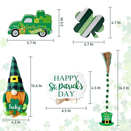 St Patricks Day Tiered Tray Decor, St Patricks Day Decorations Set with Gnomes Plush & 3 Wooden Signs & Wooden Bead Garland for The Home (Tray not Included)