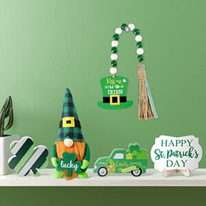 St Patricks Day Tiered Tray Decor, St Patricks Day Decorations Set with Gnomes Plush & 3 Wooden Signs & Wooden Bead Garland for The Home (Tray not Included)