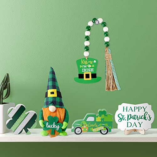 St Patricks Day Tiered Tray Decor, St Patricks Day Decorations Set with Gnomes Plush & 3 Wooden Signs & Wooden Bead Garland for The Home (Tray not Included)