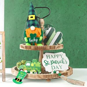 St Patricks Day Tiered Tray Decor, St Patricks Day Decorations Set with Gnomes Plush & 3 Wooden Signs & Wooden Bead Garland for The Home (Tray not Included)