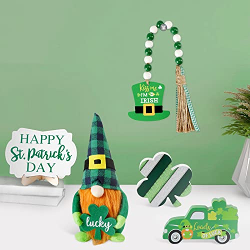 St Patricks Day Tiered Tray Decor, St Patricks Day Decorations Set with Gnomes Plush & 3 Wooden Signs & Wooden Bead Garland for The Home (Tray not Included)