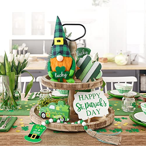 St Patricks Day Tiered Tray Decor, St Patricks Day Decorations Set with Gnomes Plush & 3 Wooden Signs & Wooden Bead Garland for The Home (Tray not Included)