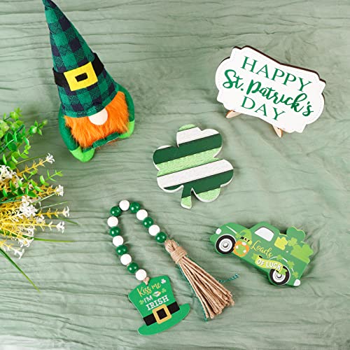 St Patricks Day Tiered Tray Decor, St Patricks Day Decorations Set with Gnomes Plush & 3 Wooden Signs & Wooden Bead Garland for The Home (Tray not Included)