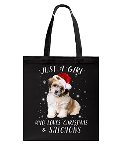 Shichon Dog Christmas Cloth Tote Bag, Just A Girl Who Loves Christmas And Shichons Casual Handbag For Shichon Lover Gift, Shichon Mom Printed Tote Bags With Press Stud, Shichon Dog Xmas Shoulder Bags