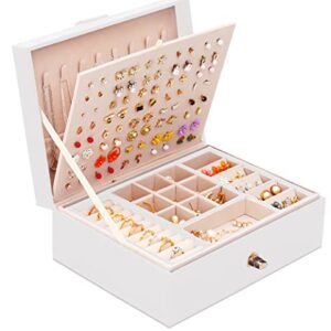 QBestry Stud Earring Organizer for Girls White Jewelry Box for Earrings Necklace Jewelry Organizer Studs,Girls Earring Box for Womens Necklace Holder Rings Organizer Jewelry Earring Storage Box,White