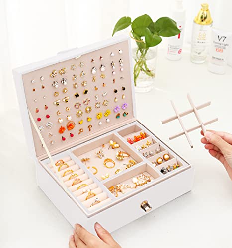 QBestry Stud Earring Organizer for Girls White Jewelry Box for Earrings Necklace Jewelry Organizer Studs,Girls Earring Box for Womens Necklace Holder Rings Organizer Jewelry Earring Storage Box,White