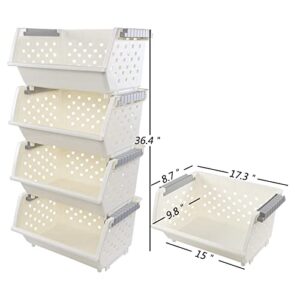 Waikhomes 4-Pack White Large Stacking Basket, Plastic Stackable Detachable Storage Organizer Bin