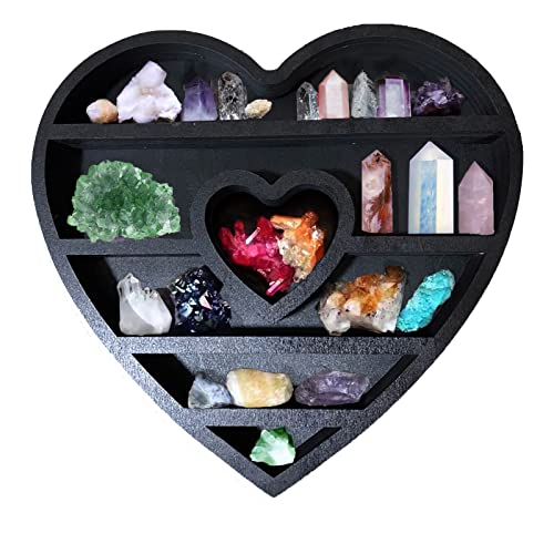 Neegaurd Wood Crystal Display Shelf for Stones Wooden Heart Shaped Shelf for Crystals and Stones Black Crystal Holder Crystal Organizer Shelf for Living Room, Bed Room (Heart Shape)