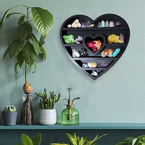 Neegaurd Wood Crystal Display Shelf for Stones Wooden Heart Shaped Shelf for Crystals and Stones Black Crystal Holder Crystal Organizer Shelf for Living Room, Bed Room (Heart Shape)