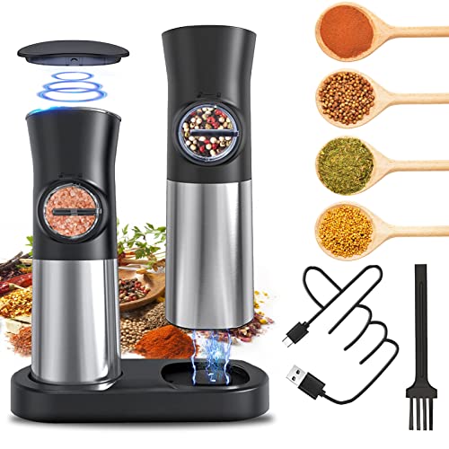 2023 Upgraded Electric Salt and Pepper Grinder Set Rechargeable, Automatic Salt and Pepper Grinder with LED Light, Adjustable Coarseness One Hand Operation Gravity Pepper Mill Grinder Refillable