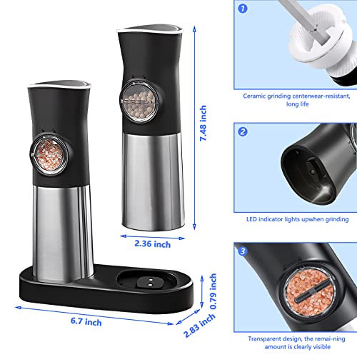 2023 Upgraded Electric Salt and Pepper Grinder Set Rechargeable, Automatic Salt and Pepper Grinder with LED Light, Adjustable Coarseness One Hand Operation Gravity Pepper Mill Grinder Refillable