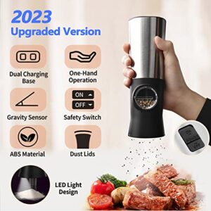 2023 Upgraded Electric Salt and Pepper Grinder Set Rechargeable, Automatic Salt and Pepper Grinder with LED Light, Adjustable Coarseness One Hand Operation Gravity Pepper Mill Grinder Refillable