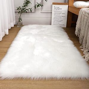 white faux fur rug 3×5 feet soft fluffy rug for bedroom living room kids room nursery decor fuzzy rug with washable shag carpet, rectangle