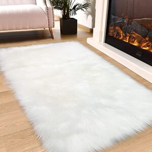 White Faux Fur Rug 3x5 Feet Soft Fluffy Rug for Bedroom Living Room Kids Room Nursery Decor Fuzzy Rug with Washable Shag Carpet, Rectangle