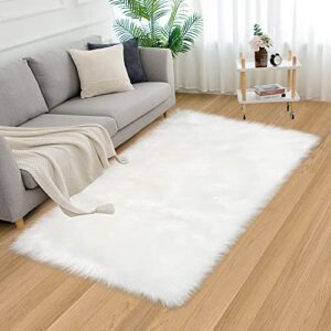 White Faux Fur Rug 3x5 Feet Soft Fluffy Rug for Bedroom Living Room Kids Room Nursery Decor Fuzzy Rug with Washable Shag Carpet, Rectangle