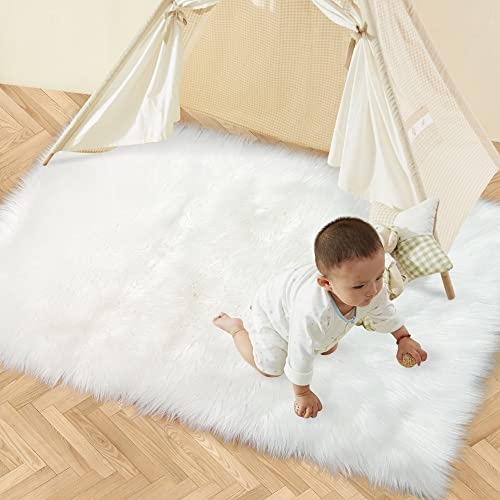 White Faux Fur Rug 3x5 Feet Soft Fluffy Rug for Bedroom Living Room Kids Room Nursery Decor Fuzzy Rug with Washable Shag Carpet, Rectangle