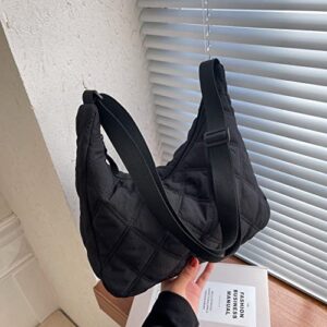 Women Hobo Shoulder Bag Puffer Small Tote Crossbody Bag Purse Cotton Handmade Bags Handbag with Zipper School Work Travel Black