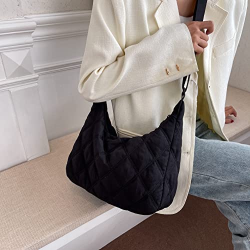 Women Hobo Shoulder Bag Puffer Small Tote Crossbody Bag Purse Cotton Handmade Bags Handbag with Zipper School Work Travel Black