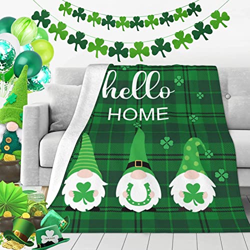 LARIAU St. Patrick's Day Gnome Blanket Irish Festival Shamrocks Green Plaid Blanket Cute Lucky Leprechaun Decorations Blanket for Couch Bed Sofa 50x60 inches