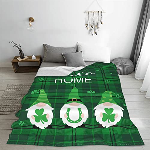 LARIAU St. Patrick's Day Gnome Blanket Irish Festival Shamrocks Green Plaid Blanket Cute Lucky Leprechaun Decorations Blanket for Couch Bed Sofa 50x60 inches