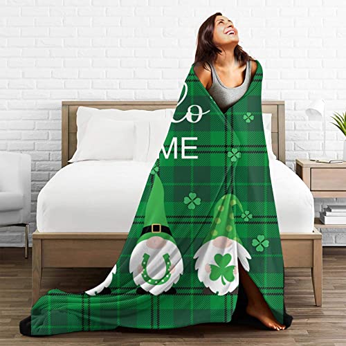 LARIAU St. Patrick's Day Gnome Blanket Irish Festival Shamrocks Green Plaid Blanket Cute Lucky Leprechaun Decorations Blanket for Couch Bed Sofa 50x60 inches