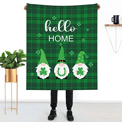 LARIAU St. Patrick's Day Gnome Blanket Irish Festival Shamrocks Green Plaid Blanket Cute Lucky Leprechaun Decorations Blanket for Couch Bed Sofa 50x60 inches