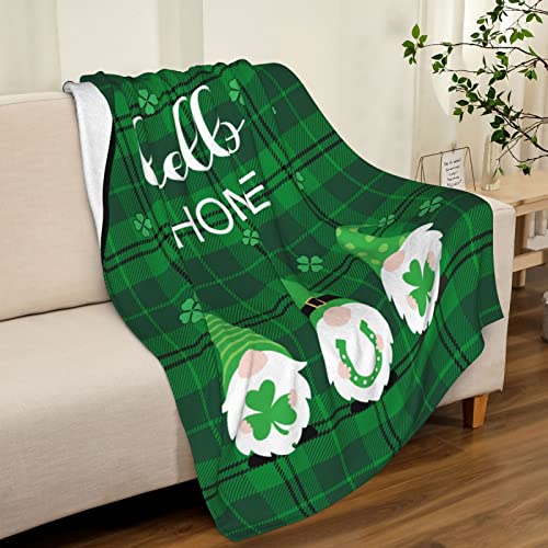 LARIAU St. Patrick's Day Gnome Blanket Irish Festival Shamrocks Green Plaid Blanket Cute Lucky Leprechaun Decorations Blanket for Couch Bed Sofa 50x60 inches