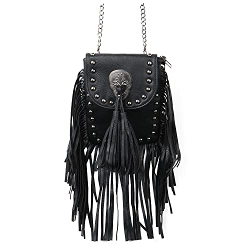 Oweisong Leather Skull Fringe Purses for Women Black Tassel Shoulder Crossbody Bag Unique Gothic Punk Satchel Handbag