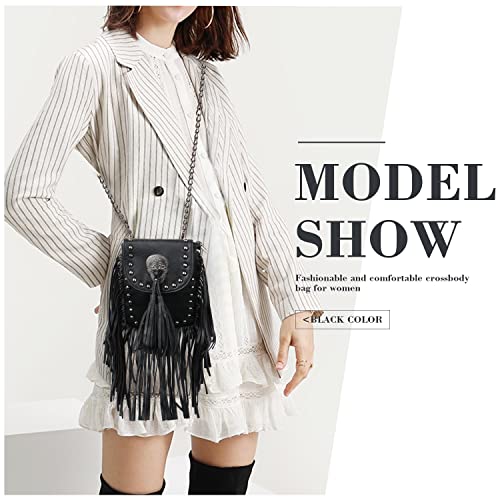 Oweisong Leather Skull Fringe Purses for Women Black Tassel Shoulder Crossbody Bag Unique Gothic Punk Satchel Handbag