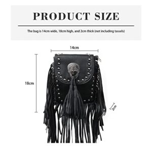 Oweisong Leather Skull Fringe Purses for Women Black Tassel Shoulder Crossbody Bag Unique Gothic Punk Satchel Handbag