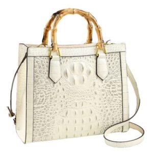 crocodile pattern leather women’s bag bamboo top-handle satchel handbags portable tote bag shoulder messenger bags (white)