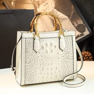 Crocodile Pattern Leather Women's Bag Bamboo Top-Handle Satchel Handbags Portable Tote Bag Shoulder Messenger Bags (White)