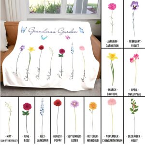 IZI POD Personalized Grandkids Names Fleece Sherpa Throw Blankets Grandma's Garden Blanket Custom Birth Month Flowers Blanket Birthday Gifts for Grandma Nana Mimi Gigi Grandmother - Gift 2