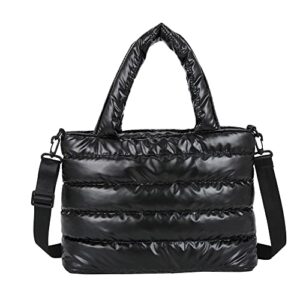 AZURAOKEY Puffer Tote Bag for Women, Quilted Cotton Padded Handbag, Women Soft Lattice Pattern Shoulder Bag Winter Down Cotton Padded Shoulder Bag Down Padding-Black