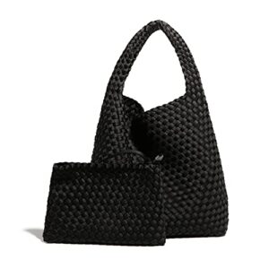 fashion woven purse for women top-handle shoulder bag neoprene hobo tote retro wrist bag travel handbag work shopping daily (black)